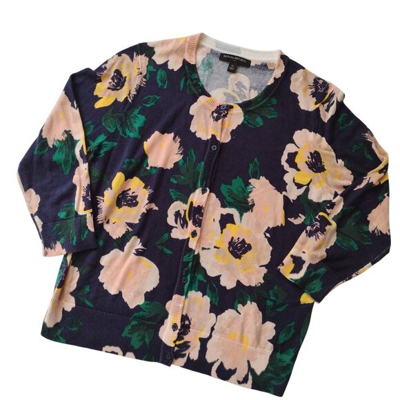 Banana Republic Floral Cardigan M Lightweight Cotton Blend Peach Navy Sweater - Picture 8 of 8